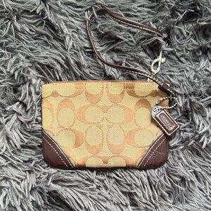 Coach Signature Tan and Brown Wristlet